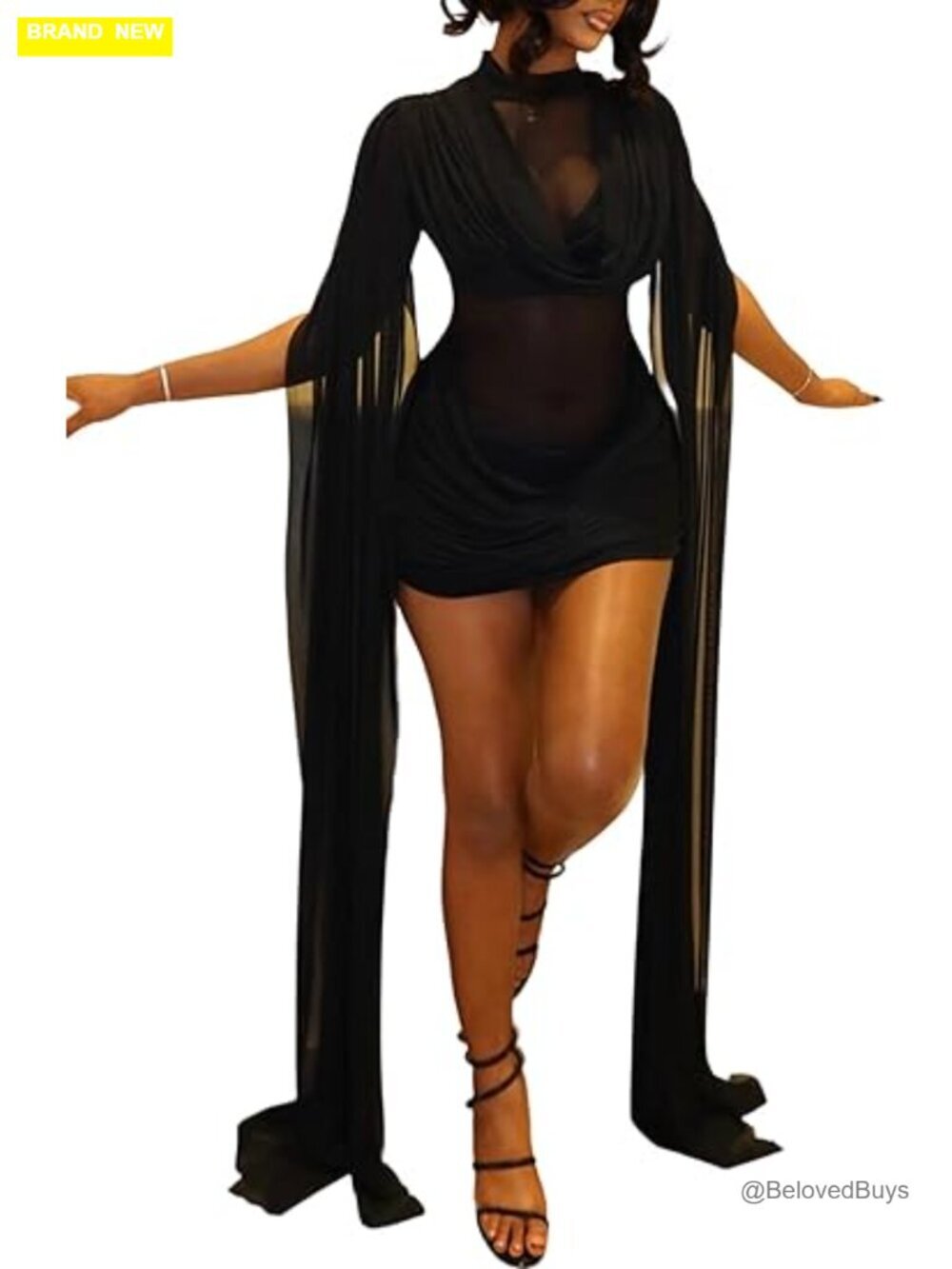 Sexy Mesh Mini Cocktail Dress Sheer Cloak Sleeves Mock Neck Ruched Bodycon